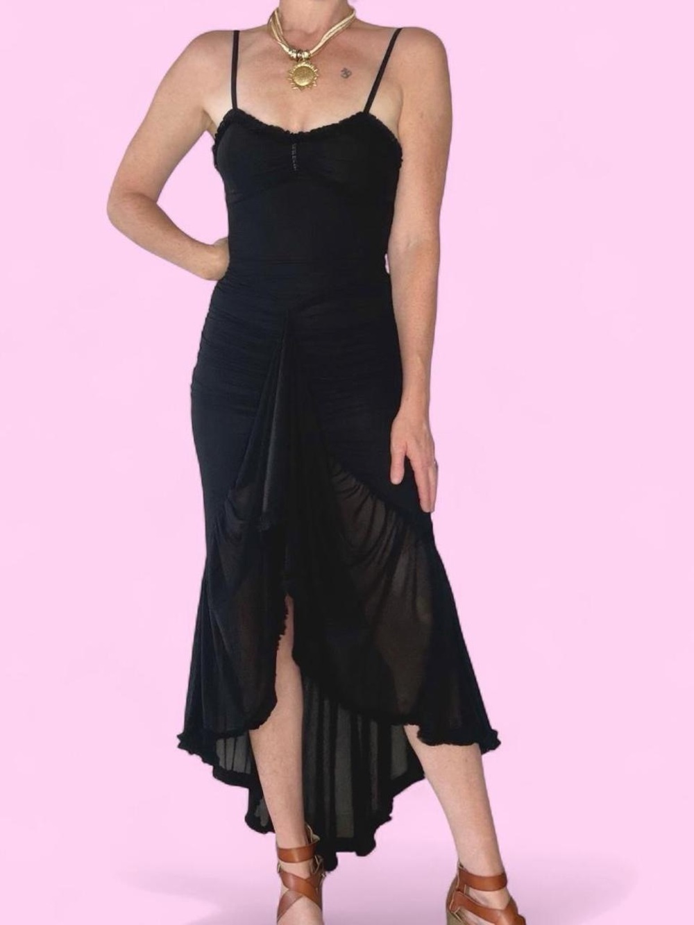 Asymmetrical Ruffle Hem Ruched Mesh Hi-Low Black Glam Party Dress